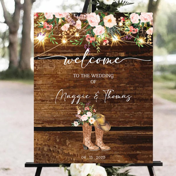 Rustic Cowgirl/boy Boot Welcome to Wedding Sign Template Fairy Lights Blush Pink Floral Cowboy Hat Rustic Wood EDITABLE INSTANT DOWNLOAD pcc