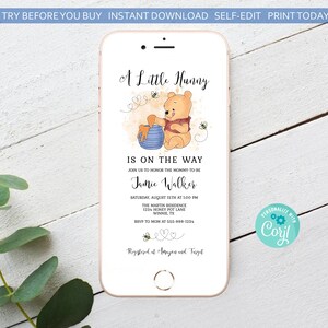 May include: A digital invitation for a baby shower with a Winnie the Pooh theme. The invitation features a cartoon illustration of Winnie the Pooh holding a pot of honey. The text on the invitation reads "A Little Hunny is on the Way".