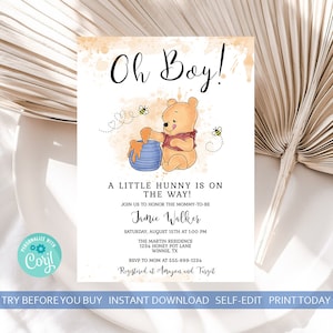Oh Boy A Little Hunny is on His Way Baby Shower Invitation Template Winnie the Pooh Boy Baby Shower Honeybees EDITABLE INSTANT DOWNLOAD hp