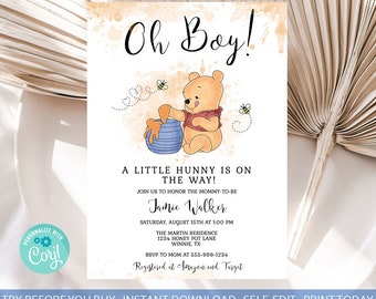 Oh Boy A Little Hunny is on His Way Baby Shower Invitation Template Winnie the Pooh Boy Baby Shower Honeybees EDITABLE INSTANT DOWNLOAD hp