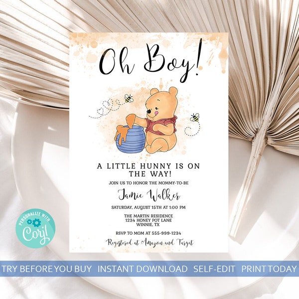 Oh Boy A Little Hunny is on His Way Baby Shower Invitation Template Winnie the Pooh Boy Baby Shower Honeybees EDITABLE INSTANT DOWNLOAD hp