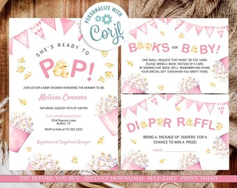 Puede incluir: Invitación a una baby shower rosa y blanca con temática de palomitas de maíz. La invitación dice "¡Está lista para explotar!" e incluye el texto "Únete a nosotros para una baby shower en honor a la futura mamá Melissa Connors".