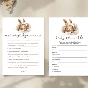 Może przedstawiać: Dwie drukowane karty do gry na baby shower z uroczym kreskowym kr&oacute;liczkiem. Pierwsza karta to quiz o rymowanych wierszykach z 10 pytaniami. Druga karta to gra w mieszanie sł&oacute;w dla dzieci z 12 słowami do rozszyfrowania.