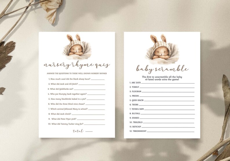 Może przedstawiać: Dwie drukowane karty do gry na baby shower z uroczym kreskowym kr&oacute;liczkiem. Pierwsza karta to quiz o rymowanych wierszykach z 10 pytaniami. Druga karta to gra w mieszanie sł&oacute;w dla dzieci z 12 słowami do rozszyfrowania.