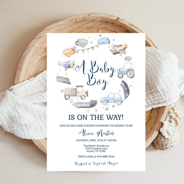 Baby Boy Baby Shower Invitation Template A Baby Boy is on the Way Transportation Shower Airplane Truck Car Invite EDITABLE INSTANT DOWNLOAD