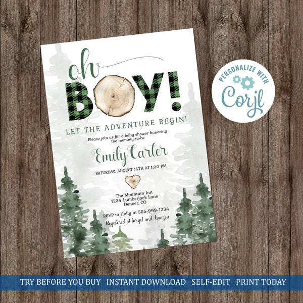 Oh Boy Let the Adventure Begin Baby Boy Lumberjack Shower Invitation Template Green Plaid Outdoor Theme Shower EDITABLE INSTANT DOWNLOAD bpl