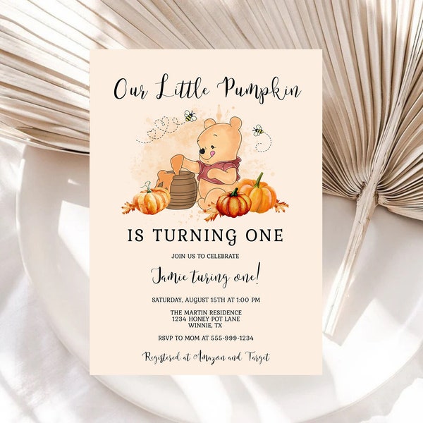 Our Little Pumpkin is Turning One 1st Birthday Invitation Template Winnie the Pooh Fall Pumpkin Birthday EDITABLE INSTANT DOWNLOAD hp