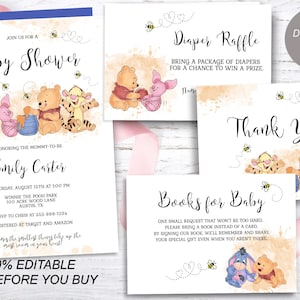 Winnie the Pooh & Friends Baby Shower 4 Card Set Winnie Pooh Shower Cute Bear Shower Honeybees EDITABLE INSTANT DONWLOAD Printable Set hp