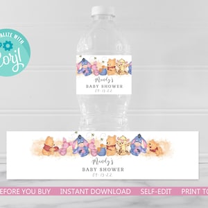 Winnie the Pooh and Friends Water Bottle Label Template A Little Hunny Baby Shower/Birthday Party Event Boy/Girl EDITABLE INSTANT DOWNLOADhp