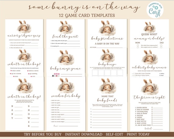 Bunny Baby Shower Games: 12 Game Templates (Editable, Printable)
