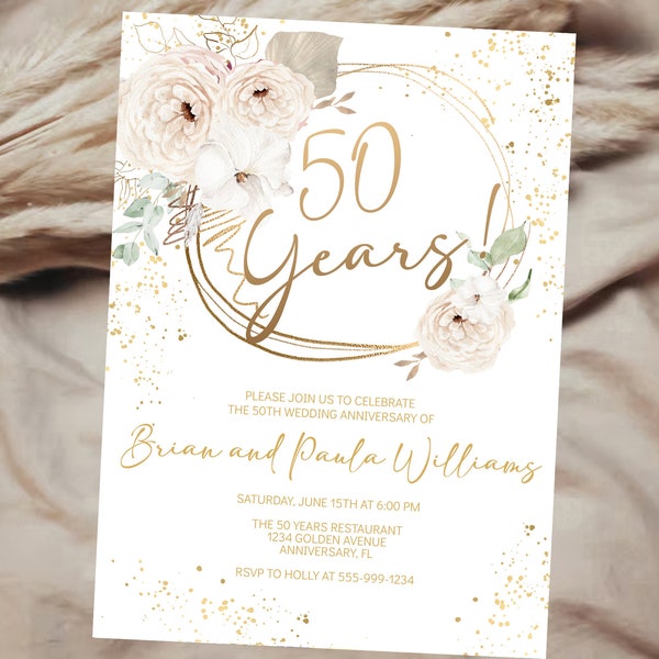 Modello di invito per il cinquantesimo anniversario di matrimonio di Boho White Rose Anniversario d'oro Qualsiasi evento Boho White Floral MODIFICABILE DOWNLOAD immediato wr