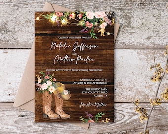 Rustic Cowgirl/Boy Wedding Invitation Template Cowboy Boots Pink Blush Floral Western Wedding Fairy Lights EDITABLE INSTANT DOWNLOAD pcc