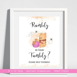 Winnie Pooh Rumbly in Your Tumbly? Sign Baby Girl Winnie Pooh Shower It's A Girl Shower A Little Hunny INSTANT DOWNLOAD Printable hp
