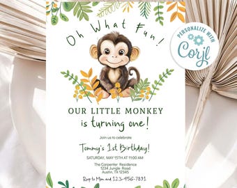 Oh What Fun Our Little Monkey is Turning 1 Birthday Party Invitation Template Monkey 1st Birthday  EDITABLE INSTANT DOWNLOAD Printable msm