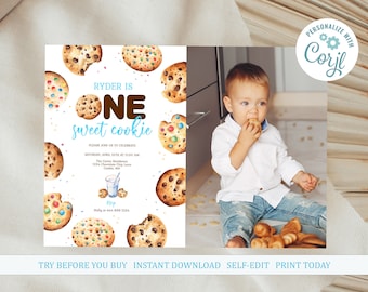 May include: A printable first birthday party invitation featuring a watercolor illustration of cookies and sprinkles. The invitation says "Ryder is One Sweet Cookie" and includes details for the party, including the date, time, and location.