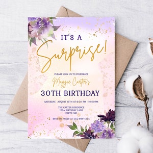 It's a Suprise Birthday Party Invitation Template 30th Birthday Any Age Birthday Purple Floral Gold Sprinkles EDITABLE INSTANT DOWNLOAD