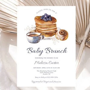 Baby Brunch Invitation Template Pancake Baby Shower Brunch Blueberry Pancakes Coffee Espresso Rolls EDITABLE INSTANT DOWNLOAD Printable pb