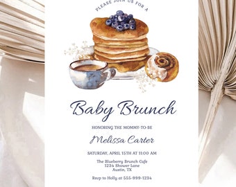 Baby Brunch Invitation Template Pancake Baby Shower Brunch Blueberry Pancakes Coffee Espresso Rolls EDITABLE INSTANT DOWNLOAD Printable pb