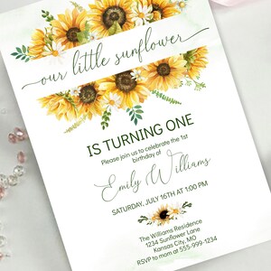 Our Little Sunflower is Turning One Birthday Invitation Template Sunflower Birthday First Birthday Invite 100% EDITABLE INSTANT DOWNLOAD sf