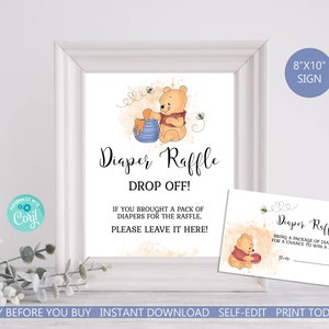 Juego de rifa de pañales de Winnie the Pooh Letrero y boleto Baby Shower de Winnie Pooh Un pequeño conejito está en camino Abejas DESCARGA INSTANTÁNEA Imprimible