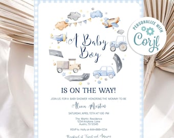 May include: A blue and white baby shower invitation with a watercolor illustration of a baby boy theme. The invitation says "A Baby Boy Is On The Way!" and includes the text "Join us for a baby shower honoring the mommy-to-be Alicia Martin. Saturday, April 15th at 1:00 PM. The Martin Residence 1234 Airplane Lane Austin, TX 12345. RSVP to Holly at 444-888-1234. Registered at Target and Amazon."