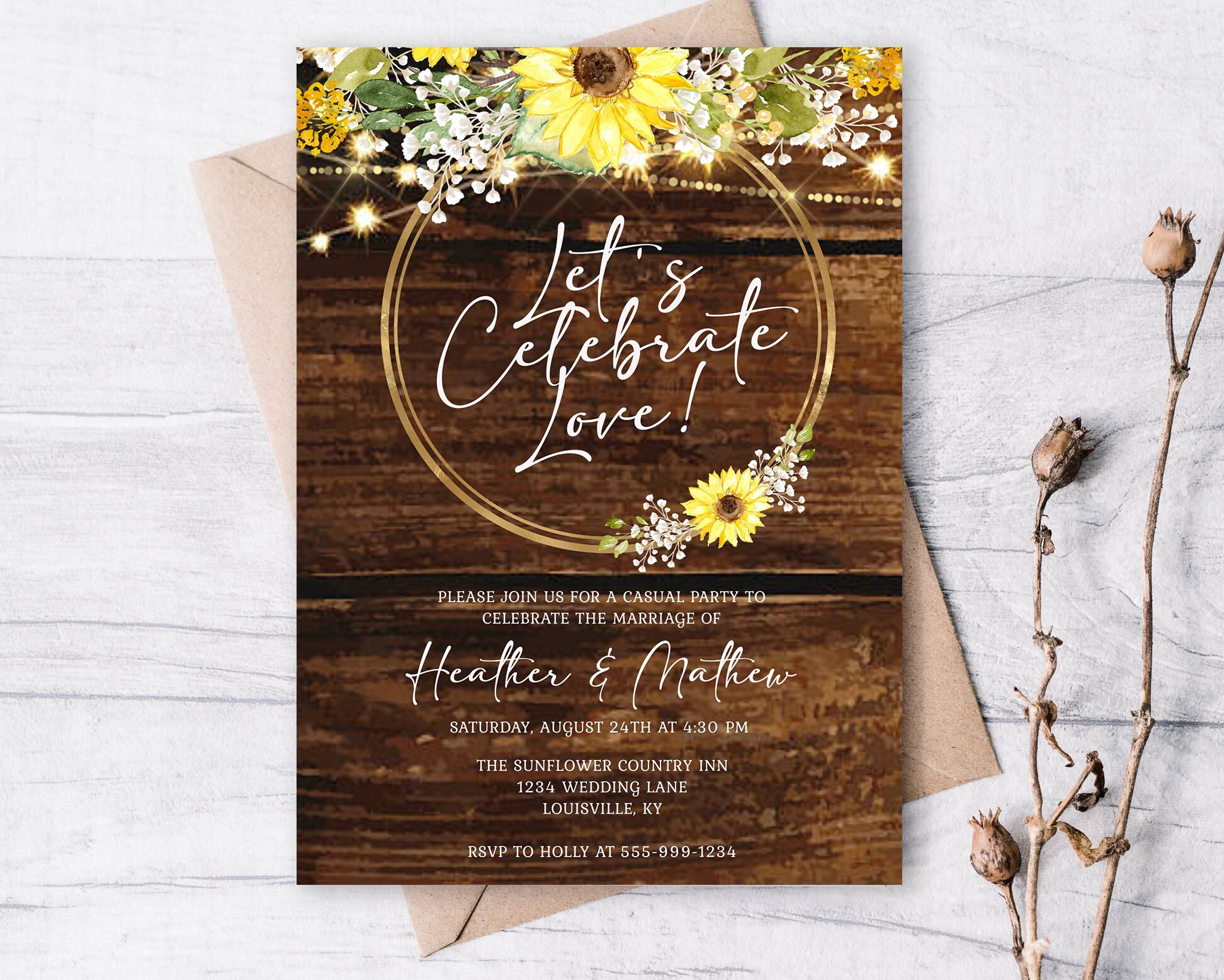 Rustic Let's Celebrate Love Wedding Invitation Template Rustic Wood  Sunflowers Fairy Lights Rustic Casual Wedding EDITABLE INSTANT DOWNLOAD -  Etsy, image size:1944x1556