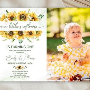Our Little Sunflower is Turning One Photo Invitation Template Sunflower 1st Birthday Invite Turning 1 EDITABLE INSTANT DOWNLOAD Printable sf