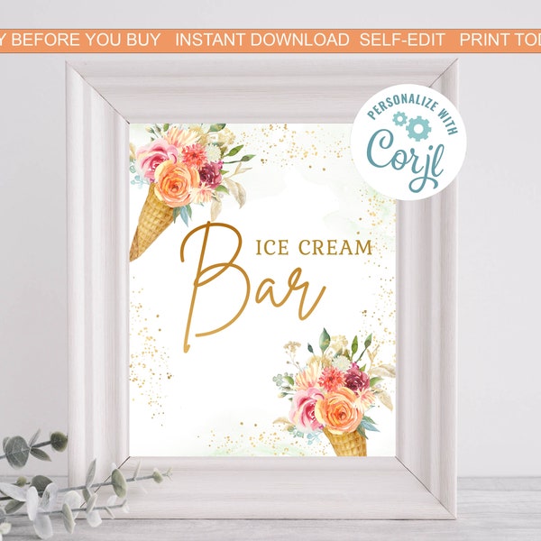 She's Been Scooped Up Bridal Shower Ice Cream Bar Sign Ice Cream Theme Shower Coral Orange Ice Cream Cones INSTANT DOWNLOAD Printable csu