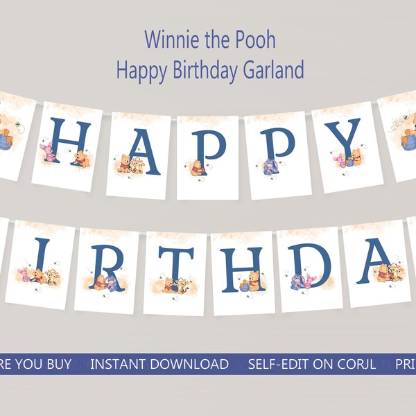 Winnie the Pooh Happy Birthday Garland  A Little Hunny is Turning One 1st Birthday Banner Winnie Pooh Birthday EDITABLE INSTANT DOWNLOAD hp