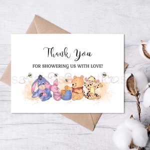 Plantilla de tarjeta de agradecimiento editable para baby shower de Winnie the Pooh doblada y plana Gracias Winnie Pooh y sus amigos abejas DESCARGA INMEDIATA hp