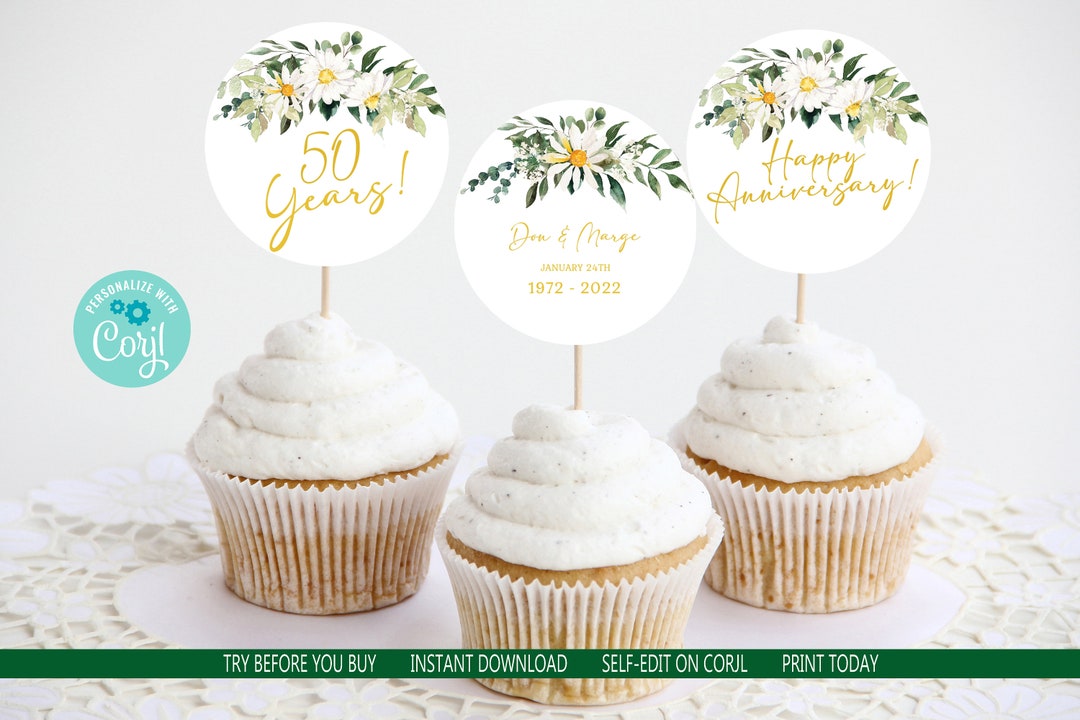 50th Wedding Anniversary Cupcake Topper Templates Daisy Greenery Golden