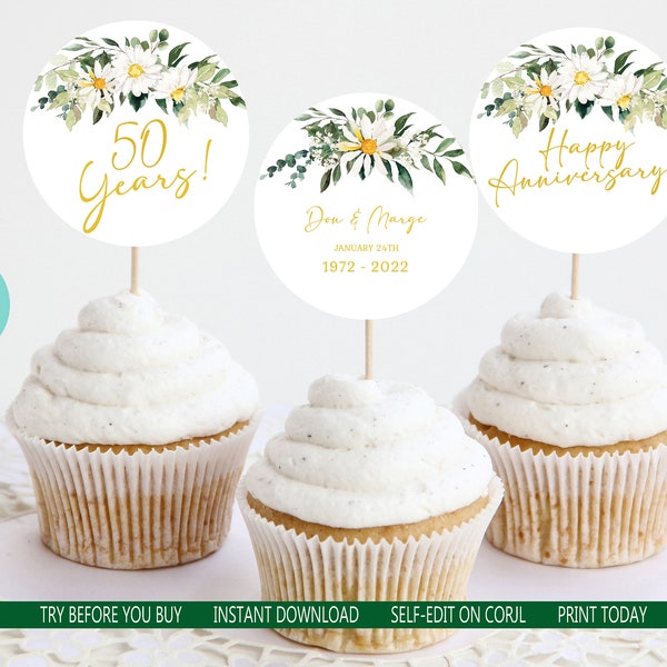 50e huwelijksverjaardag Cupcake Topper sjablonen Daisy Greenery gouden jubileum Daisy thema BEWERKBARE INSTANT DOWNLOAD afdrukbare gd