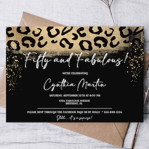 Fifty & Fabulous Birthday Invitation Template 50th Birthday Leopard Print Gold Sprinkles Black/Gold Theme EDITABLE INSTANT DOWNLOAD ff
