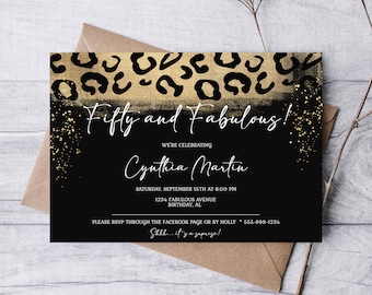 50th Birthday Invitation Template, Leopard Print Gold (Editable, Instant Download)