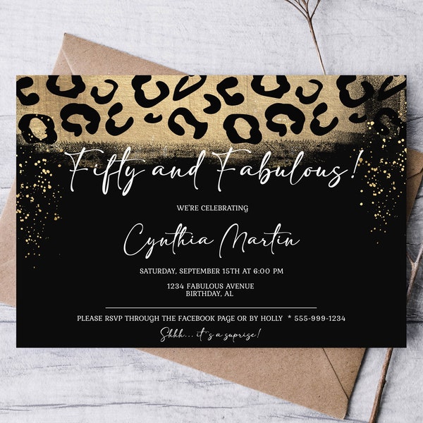 Fifty & Fabulous Birthday Invitation Template 50th Birthday Leopard Print Gold Sprinkles Black/Gold Theme EDITABLE INSTANT DOWNLOAD ff