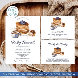 Pancake Baby Brunch Baby Shower Invitation Template Set Coffee Espresso Baby Brunch Blueberries Roll EDITABLE INSTANT DOWNLOAD Printable pb