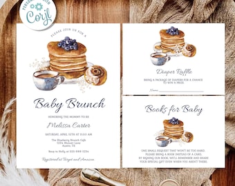 May include: A printable baby shower invitation with a watercolor illustration of a stack of pancakes, a cup of coffee, and a cinnamon roll. The invitation includes the text "Baby Brunch" and the name "Melissa Carter".