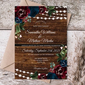 Modèle de faire-part de mariage bleu sarcelle bordeaux rustique mariage Marsala lumières lumières bois de grange MODIFIABLE TÉLÉCHARGEMENT IMPRIMABLE
