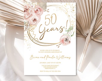 May include: A gold and white wedding invitation with a floral design and gold glitter. The invitation reads "50 Years!" and includes the names "Brian and Paula Williams".