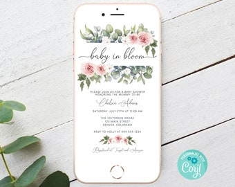Baby in Bloom Baby Shower Electronic Invitation Template Smartphone Text Message Eucalyptus Greenery Pink Rose EDITABLE INSTANT DOWNLOAD pe
