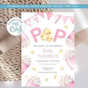 May include: Pink and white printable birthday invitation with a popcorn theme. The invitation says "P&P On Over to Celebrate Emily Turning 5!" with a cartoon popcorn bucket and a popcorn kernel. The invitation includes the date, time, location, and RSVP information.
