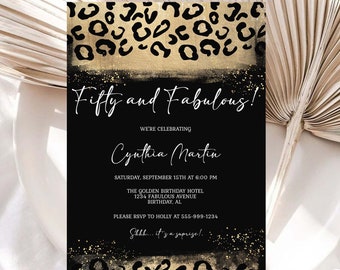 Leopard 50th Birthday Invitation, Gold Glitter (Editable Download)