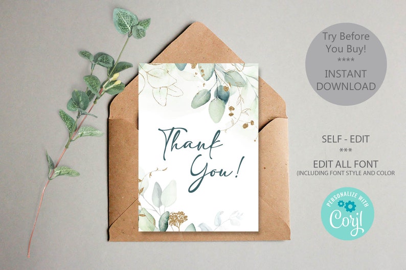 Lexi Eucalyptus Greenery Thank You Card Template Dusty Blue Wedding Thank You Any EventShower Thank You Editable Instant Download lexi