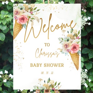 Welkom bij babyshower bordsjabloon ijs babyshower pastel bloemen kegel BEWERKBARE INSTANT DONWLOAD Afdrukbaar bord su