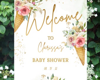 Here's the Scoop Baby Shower Welcome Sign, Floral Ice Cream (Editable, Instant Download)