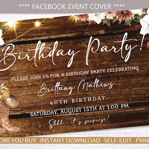 May include: A rustic wood background with a floral design and the text "Birthday Party!"  Please join us for a birthday party celebrating Brittany Mathews 40th Birthday. Saturday, August 15th at 1:00 PM. Shhh... It's a surprise!  Try before you buy instant download self-edit print today.