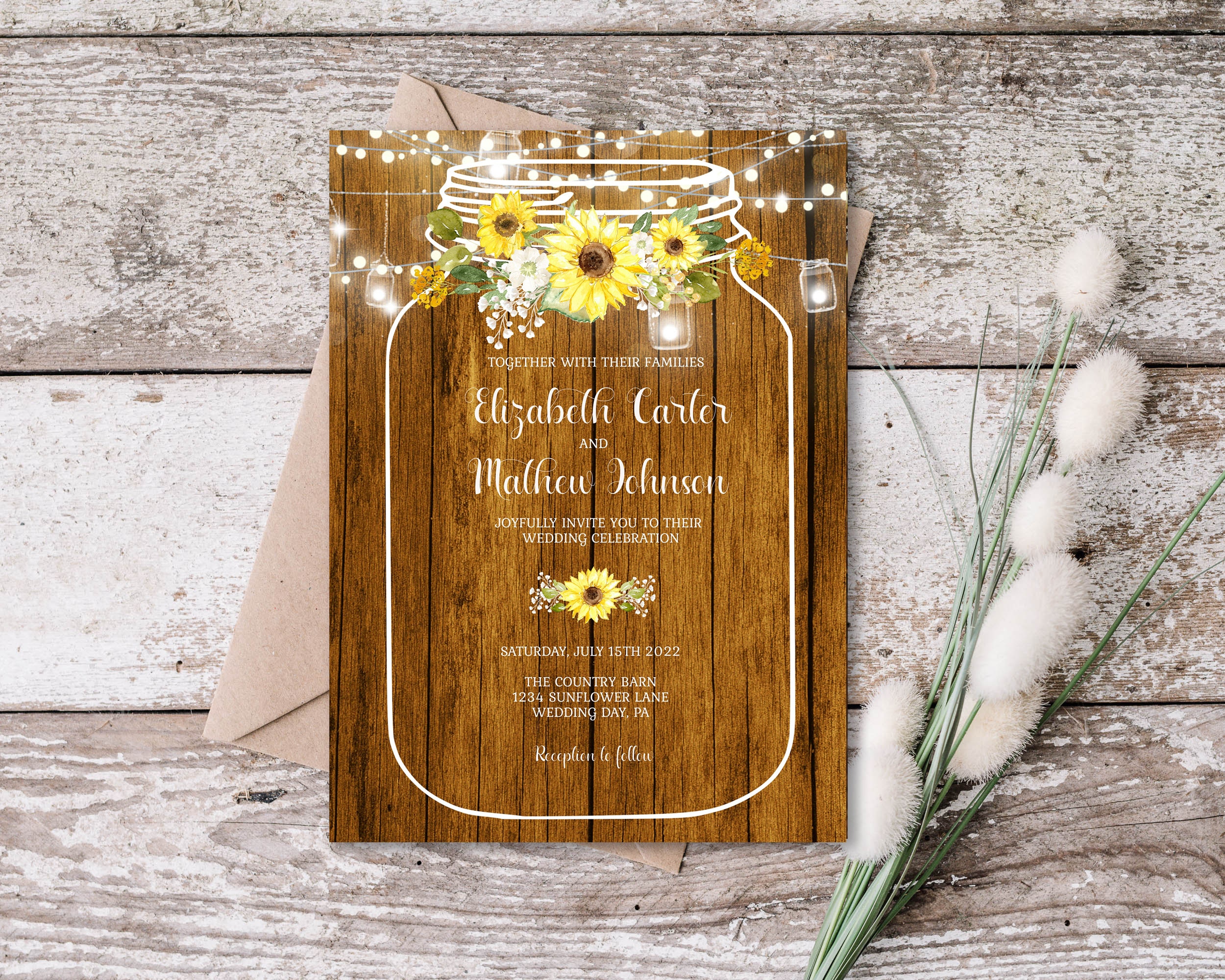 Rustic Sunflower Wedding Invitation Template Mason Jars Fairy Lights  Sunflower Babies Breath Barn Wood EDITABLE INSTANT DOWNLOAD Rmjs - Etsy, image size:2500x2000