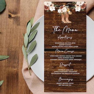 Rustic Boho Cowgirl Wedding Menu Template Boho Cream Rust Floral Cowboy Boots Barnwood Western EDITABLE INSTANT DOWNLOAD Printable rb