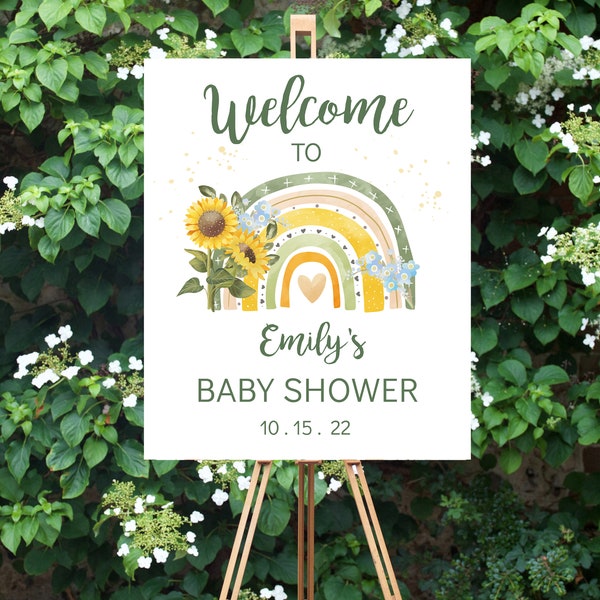 A Little Sunflower is on the Way Welcome to Baby Shower Sign Template Boho Rainbow Sunflower Shower EDITABLE INSTANT DOWNLOAD Printable os