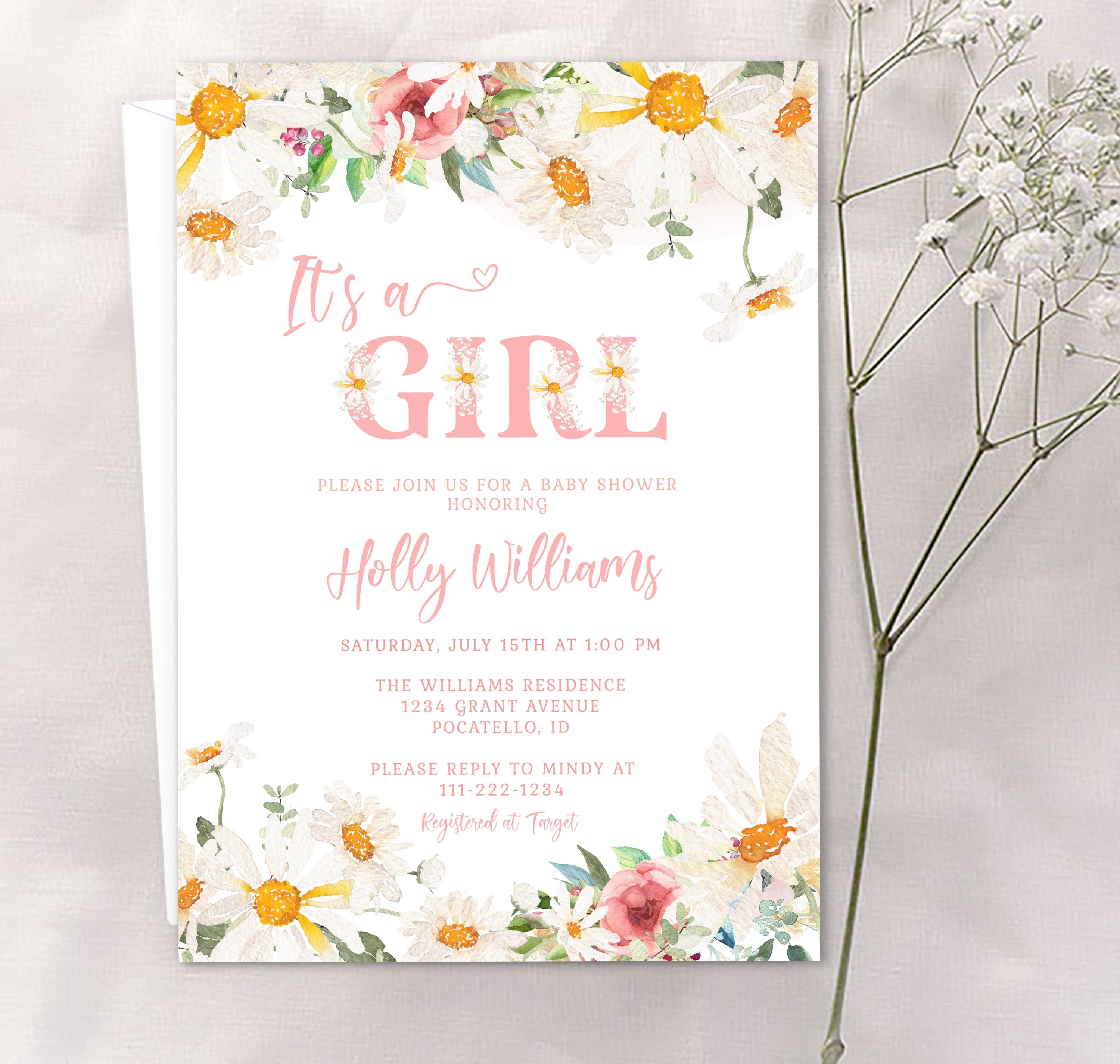 Daisy It's a Girl Baby Shower Invitation Template Baby Etsy